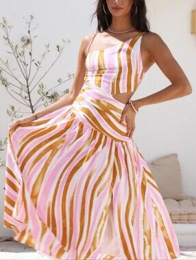 Sage + Paige Pink/Brown Striped Cut-Out Asymmetric Cami Maxi Dress Women Size M